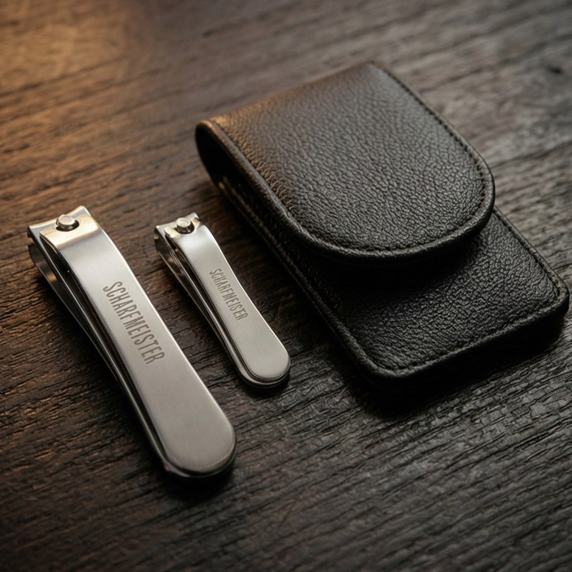 a pair of premium stailess steel nail clippers next to a sleek leather case